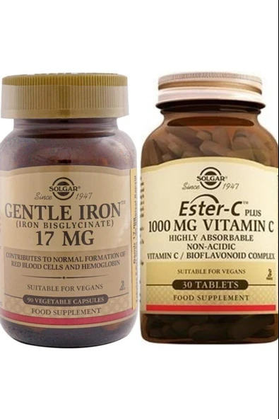 Solgar Gentle Iron 17mg 90 Kapsül +Solgar Ester-C Plus 1000mg 30 Tablet ürün görseli