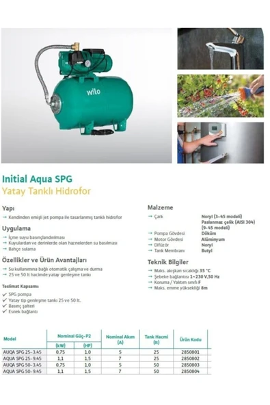 Wilo Initial Aqua Spg 50-9.45 1,1kw Monofaze Yatay 50 Litre Tanklı Hidrofor - Resim 3