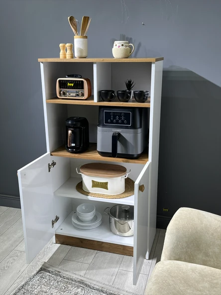 Parla Kahve Köşesi Çok Amaçlı Dolap Kiler Dolabı Mutfak Bangosu Erzak Dolabı Bölmeli Beyaz - Ceviz 72 cm - Resim 6