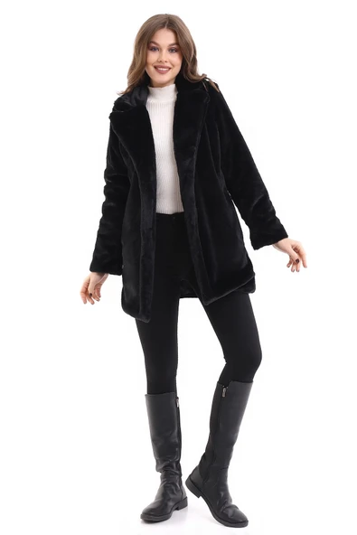 Kadın Siyah Peluş Ceket Içi Astarlı Ithal Suni Kürk - Resim 2