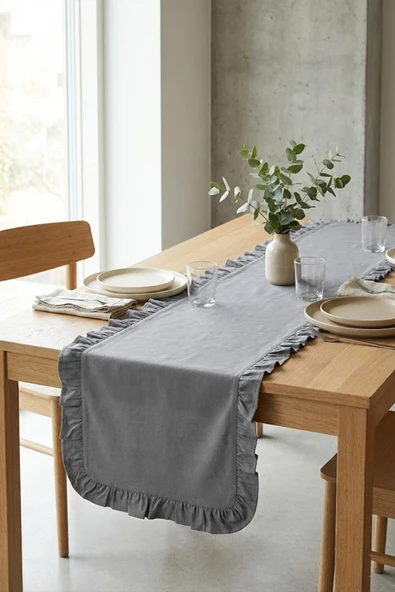 YUNUSOĞLU HOME Fırfırlı Masa Runner 150X50 cm, Şık Dekoratif Masa Örtüsü - Resim 2