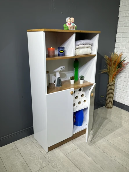 Deren Banyo Dolabı Çok Amaçlı Dolap Bölmeli Raf Beyaz - Ceviz 72 cm - Resim 5