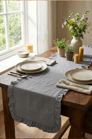 YUNUSOĞLU HOME Fırfırlı Masa Runner 150X50 cm, Şık Dekoratif Masa Örtüsü - Resim 4