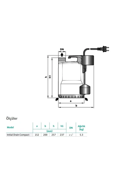 Wilo Drain 13.8 Compact Gizli Flatörlü Az Kirli Su Drenaj Dalgıç Pompa 5 Mt. Kablolu 8 mss 13 m³/h 2 - Resim 2