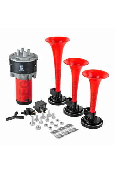 Seger 80kh kompresörlü korna 12volt kırmızı plastik borulu ürün görseli 1