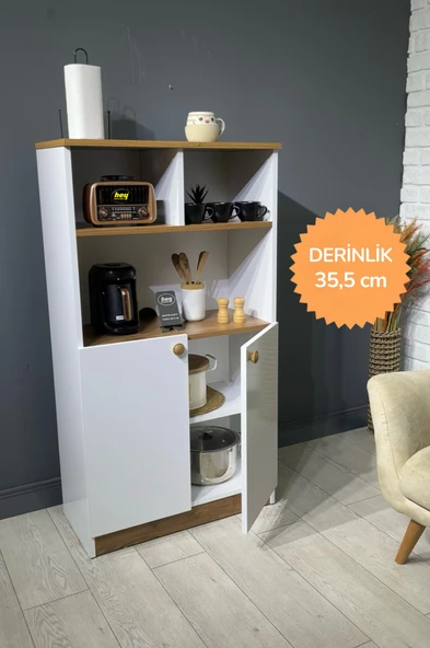 Parla Kahve Köşesi Çok Amaçlı Dolap Kiler Dolabı Mutfak Bangosu Erzak Dolabı Bölmeli Beyaz - Ceviz 72 cm ürün görseli 1