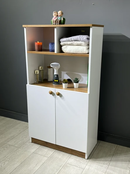 Deren Banyo Dolabı Çok Amaçlı Dolap Bölmeli Raf Beyaz - Ceviz 72 cm - Resim 3