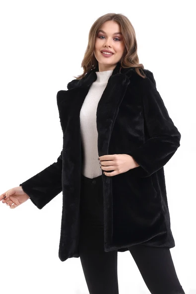 Kadın Siyah Peluş Ceket Içi Astarlı Ithal Suni Kürk - Resim 3
