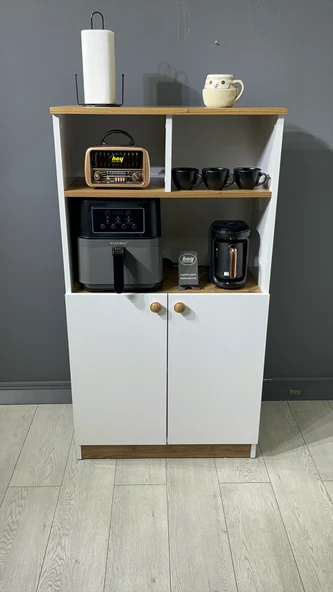 Parla Kahve Köşesi Çok Amaçlı Dolap Kiler Dolabı Mutfak Bangosu Erzak Dolabı Bölmeli Beyaz - Ceviz 72 cm - Resim 4