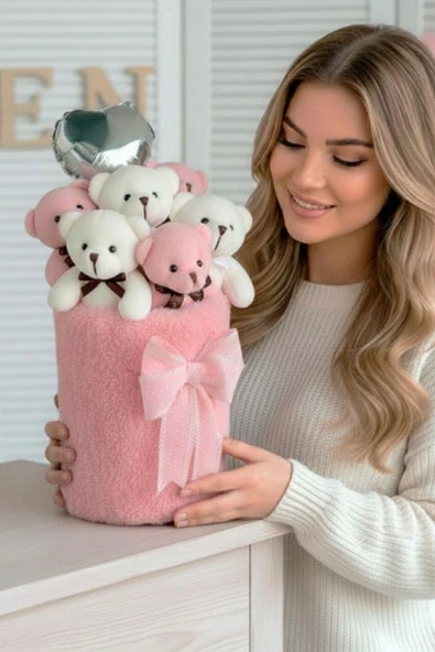Deluxe Peluş Silindir Kutusuda, Kalpli Balonlu 6’lı Pembe Ayıcık Buketi - Sevdiğine Hediye ürün görseli 1