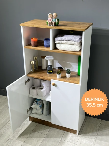 Deren Banyo Dolabı Çok Amaçlı Dolap Bölmeli Raf Beyaz - Ceviz 72 cm ürün görseli