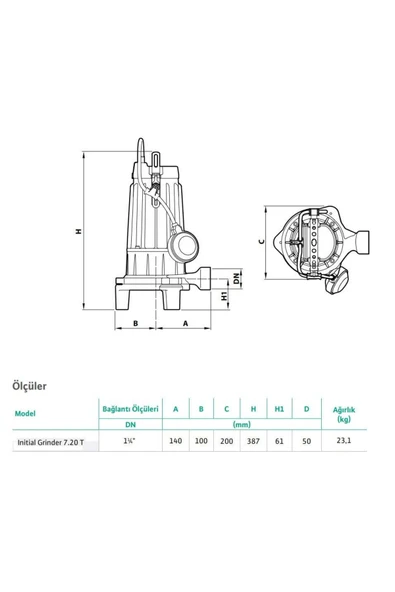Wilo Grinder 7.20T Parçalayıcı Bıçaklı Foseptik Dalgıç Pompa 22 mss 7 m³/h 380 Volt - Resim 2