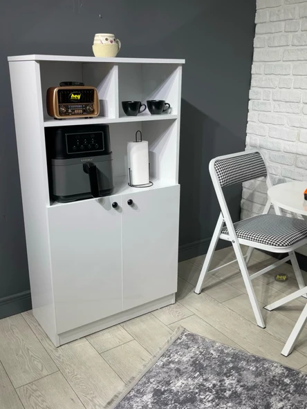 Parla Kahve Köşesi Çok Amaçlı Dolap Kiler Dolabı Mutfak Bangosu Erzak Dolabı Bölmeli Beyaz 72 cm - Resim 2