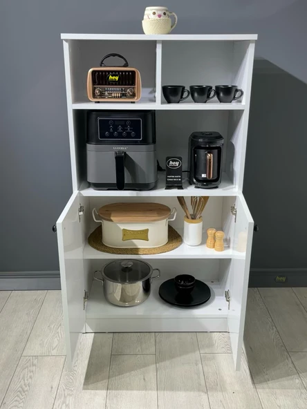 Parla Kahve Köşesi Çok Amaçlı Dolap Kiler Dolabı Mutfak Bangosu Erzak Dolabı Bölmeli Beyaz 72 cm - Resim 3