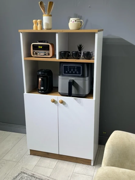 Parla Kahve Köşesi Çok Amaçlı Dolap Kiler Dolabı Mutfak Bangosu Erzak Dolabı Bölmeli Beyaz - Ceviz 72 cm - Resim 5