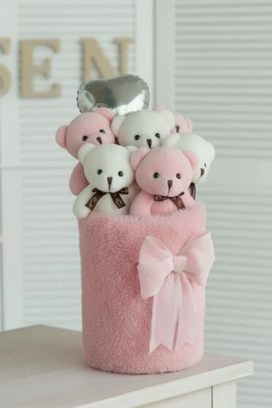 Deluxe Peluş Silindir Kutusuda, Kalpli Balonlu 6’lı Pembe Ayıcık Buketi - Sevdiğine Hediye - Resim 3
