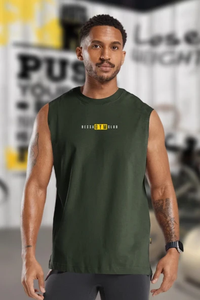 Bessa GYM Club Baskılı Haki Oversize Bisiklet Yaka Pamuklu Kolsuz T-Shirt/Atlet ürün görseli