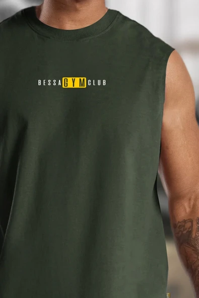 Bessa GYM Club Baskılı Haki Oversize Bisiklet Yaka Pamuklu Kolsuz T-Shirt/Atlet - Resim 2