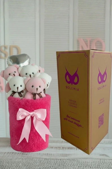 Deluxe Fuşya Peluş Silindir Kutuda, Kalpli Balonlu 6’lı Pembe Ayıcık Buketi - Sevdiğine Hediye - Resim 4