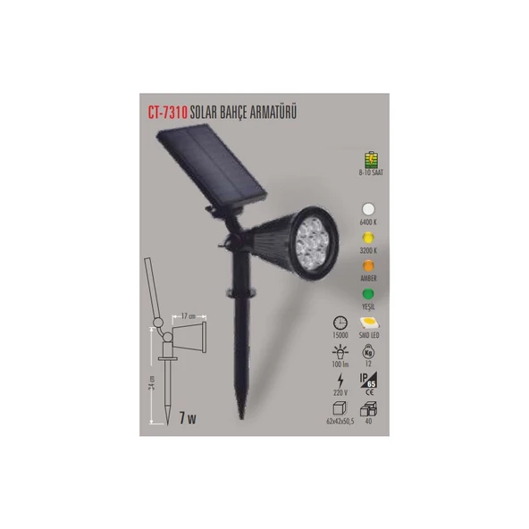 Cata Ct-7310 7W Solar Bahçe Armatürü Amber ürün görseli