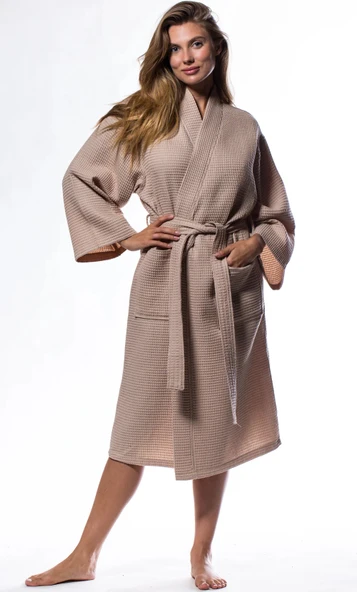 Varol Pike Dokuma Sütlü Kahve Bornoz – İhracat Fazlası, One Size - Resim 2