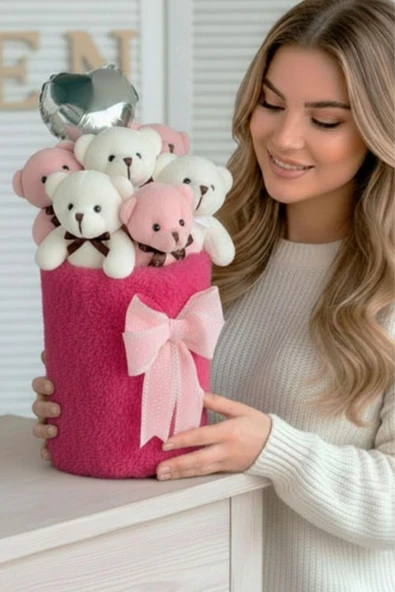 Deluxe Fuşya Peluş Silindir Kutuda, Kalpli Balonlu 6’lı Pembe Ayıcık Buketi - Sevdiğine Hediye - Resim 3