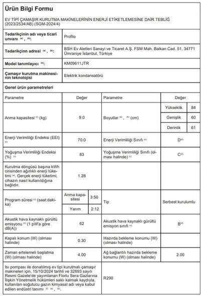 Profilo KM09611JTR Kurutma Makinesi 9 KG Beyaz - Resim 9