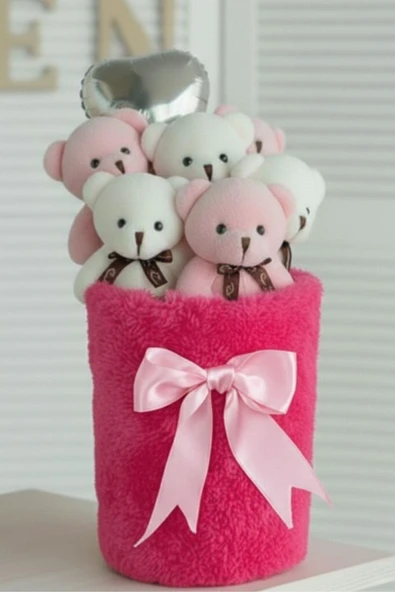 Deluxe Fuşya Peluş Silindir Kutuda, Kalpli Balonlu 6’lı Pembe Ayıcık Buketi - Sevdiğine Hediye - Resim 2