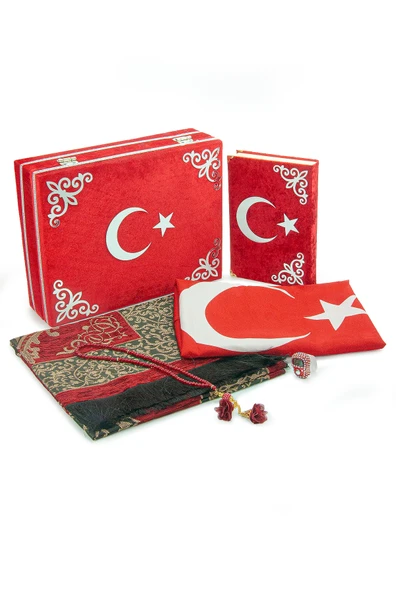 Türk Bayraklı Kuranı Kerim Hediyelik Set – Kadife Kutulu, Bayrak, Seccade ve Tesbih - Resim 3