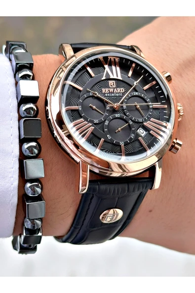 Reward Siyah Renk Deri Kordon Roma Rakamlı Orjinal Kilit Fonksiyonlu Erkek Kol Saati + BİLEKLİK HEDİYELİ - Resim 4