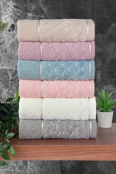 Jakarlı %100 Pamuklu 6'lı Lüks Kutulu Çeyizlik El Yüz Havlu Seti - 50x90 - 00050 - Resim 4