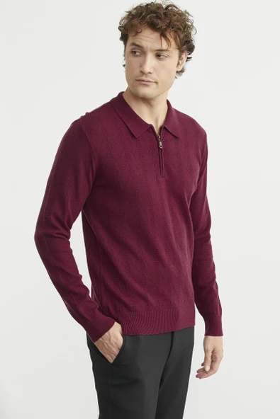 Fermuarlı Polo Yaka Triko Kazak - Bordo - Resim 5