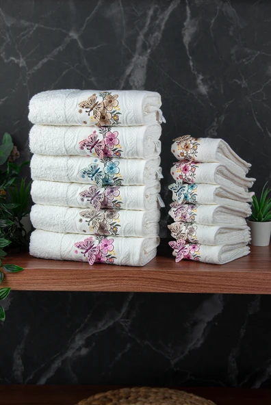 %100 Pamuklu 3D Kelebek İşlemeli 12 li Analı Kızlı Çeyizlik Havlu Seti 50x90 cm - 00030 - Resim 4