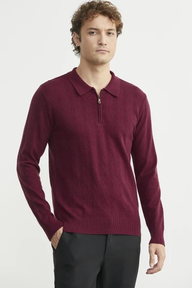 Fermuarlı Polo Yaka Triko Kazak - Bordo - Resim 3