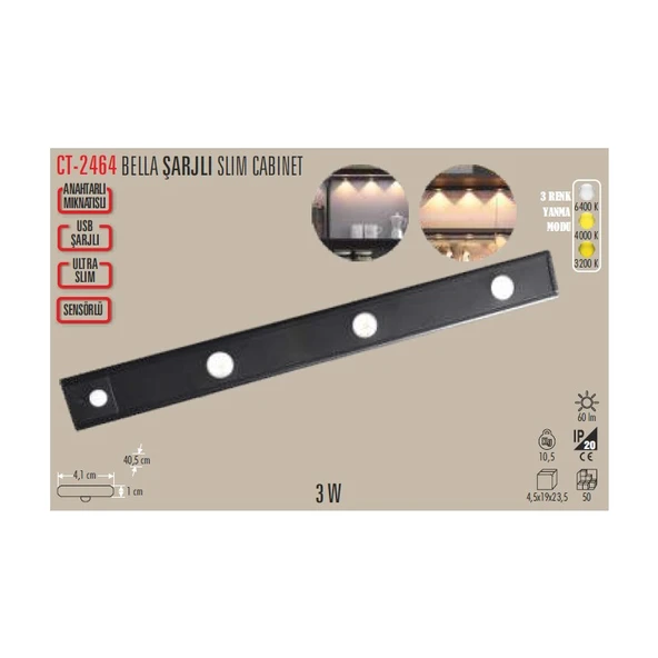 Cata CT-2464 4000K 40 cm Günışığı Mıknatıslı Bella Slim Tip Kabinled Sensörlü Şarjlı - Resim 3