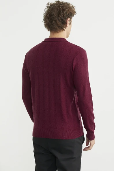 Fermuarlı Polo Yaka Triko Kazak - Bordo - Resim 6