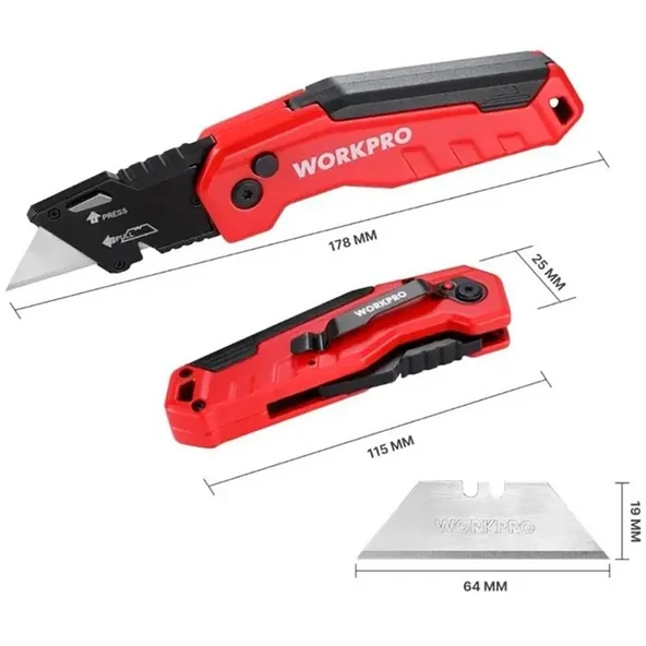 WORKPRO WP211026 Katlanır Çok Amaçlı Profesyonel Rötuş Maket Bıçağı + 14 Adet Yedek Bıçak - Resim 2