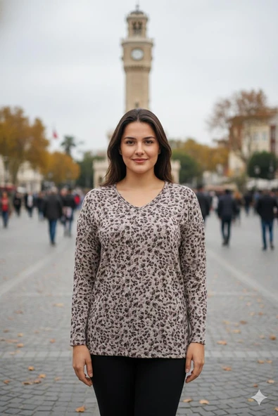 Barem Kadın Lina Büyük Beden Kışlık V Yaka Yumoş Kahve Bluz D08 ürün görseli 1