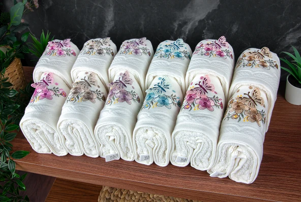 %100 Pamuklu 3D Kelebek İşlemeli 12 li Analı Kızlı Çeyizlik Havlu Seti 50x90 cm - 00030 - Resim 5