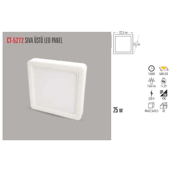 Cata Ct 5272 25W Alm. S.Ü Led Armatür Kare (Beyaz) - Resim 2