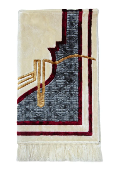 Kabe Detaylı Lüks Kaymaz Tabanlı Kadife Seccade - Resim 5