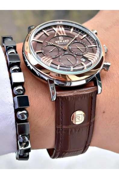 Reward Kahverengi Deri Kordon Roma Rakamlı Orjinal Kilit Fonksiyonlu Erkek Kol Saati + BİLEKLİK HEDİYELİ - Resim 5