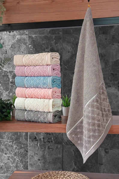 Jakarlı %100 Pamuklu 6'lı Lüks Kutulu Çeyizlik El Yüz Havlu Seti - 50x90 - 00050 - Resim 2