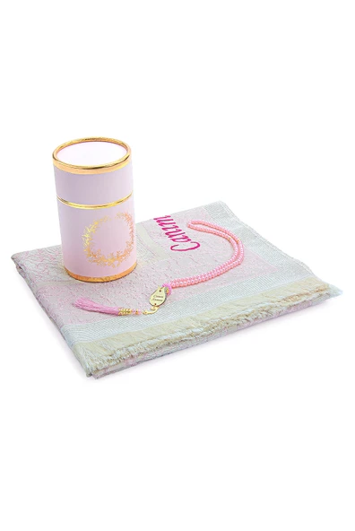 Canım Anneme İsim Nakışlı Seccade ve İnci Tesbihli Özel Silindir Kutulu Set - Resim 2