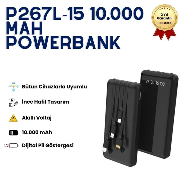 P267L-15 10000 mAh Taşınabilir Hızlı Şarj Powerbank | Çift Çıkışlı, İnce Tasarım, LED Göstergeli | Tüm Telefonlarla Uyumlu ürün görseli 1
