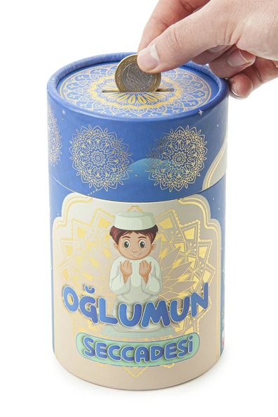 İsme Özel Nakışlı Çocuk Seccadesi Seti Silindir Kutulu Tesbihli Mavi - Resim 6