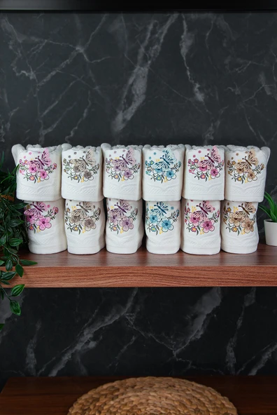 %100 Pamuklu 3D Kelebek İşlemeli 12 li Analı Kızlı Çeyizlik Havlu Seti 50x90 cm - 00030 ürün görseli 1