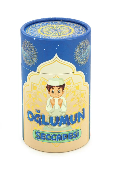 İsme Özel Nakışlı Çocuk Seccadesi Seti Silindir Kutulu Tesbihli Mavi - Resim 2