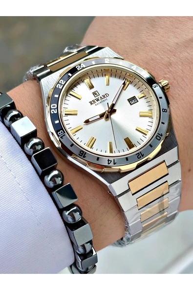 Reward Altın Gümüş Renk Takvimli Model Spor Çelik Kordon Erkek Kol Saati + BİLEKLİK HEDİYELİ - Resim 3