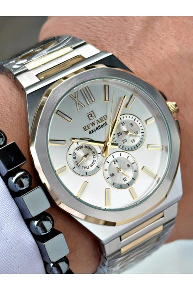Reward Altın Gümüş Renk Fonksiyonlar Aktif Klasik Çelik Kordon Erkek Kol Saati + BİLEKLİK HEDİYELİ ürün görseli 1